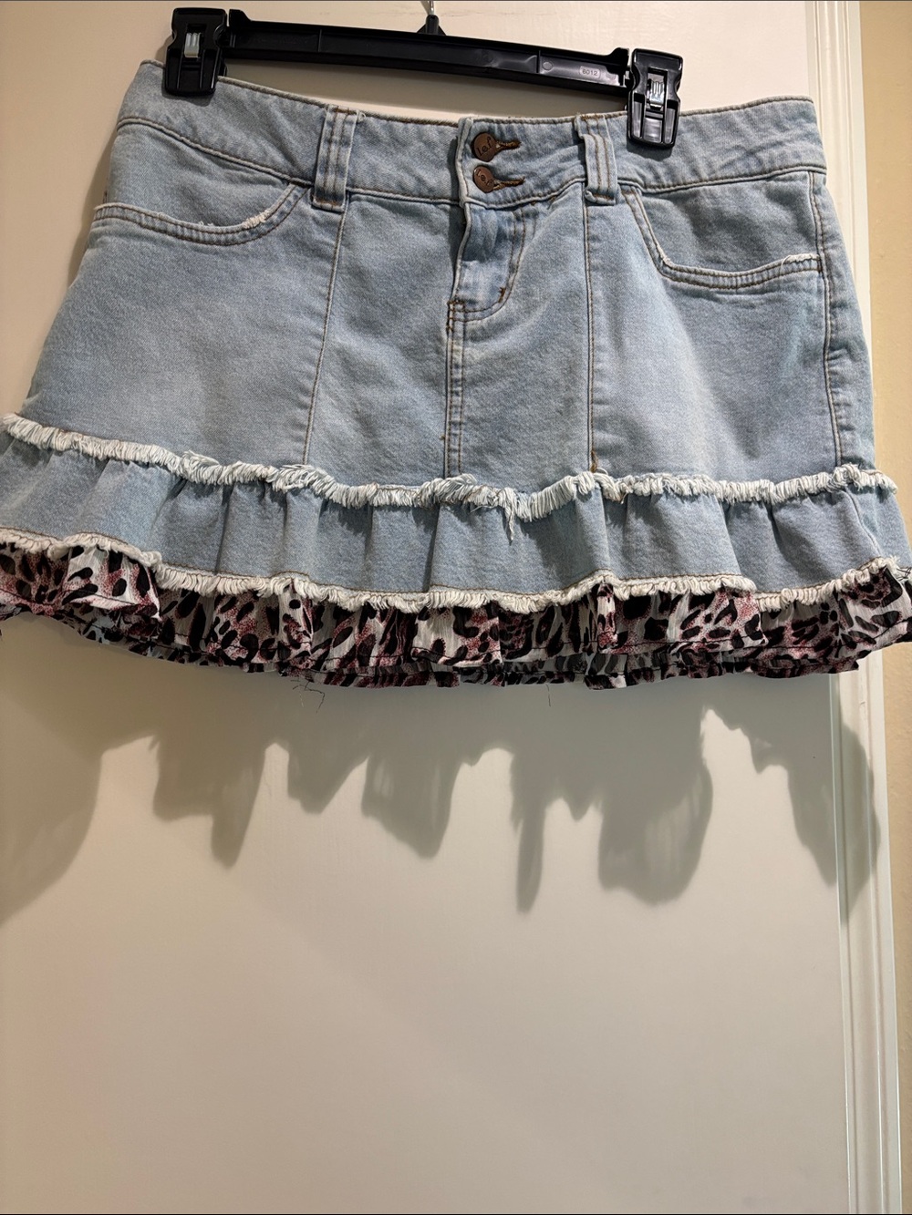 lei Light Blue Denim Mini Skirt with Pink Leopard Ruffle Trim